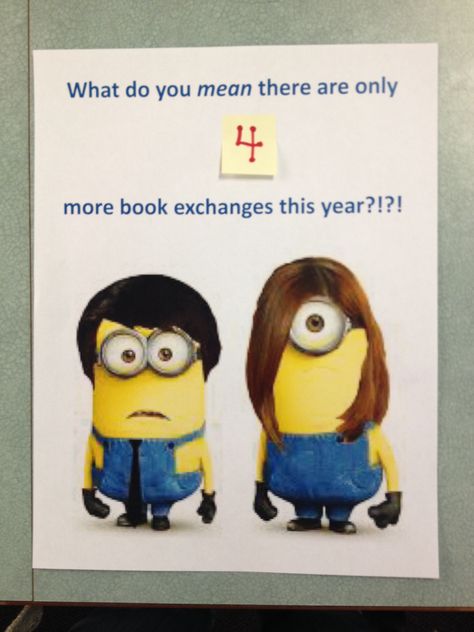 End of year library book return signs minions Library Book Return, Book Return, Reading Bulletin Boards, Elementary School Library, Library Signs, Library Boards, Library Display, Book Exchange, Elementary Library