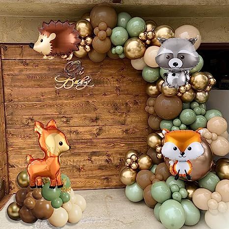 Brown Balloons, Baby Shower Balloon Arch, Forest Animal Baby Shower, Woodland Creatures Baby Shower, Jungle Decorations, Baby Shower Garland, Woodland Baby Shower Decorations, Forest Baby Showers, Animal Baby Shower Theme