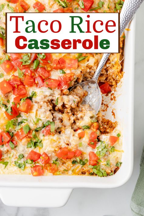 Baked Mexican Rice Casserole, Taco Rice Bake Casserole, Taco Hot Dish Casserole Recipes, Taco Rice Casserole Bake, Taco Rice Bake, Easy Taco Rice, Taco Casserole With Rice, Taco Rice Casserole, Oven Casserole Recipes