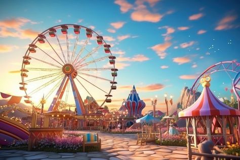 Landscape outdoors carnival sunset. AI generated Image by rawpixel. | premium image by rawpixel.com Amusement Park Background, Amusement Park Illustration, Background Slot, Retro Carnival, Carnival Background, Illustration Reference, Drawing Help, Scene Background, Landscaping Images