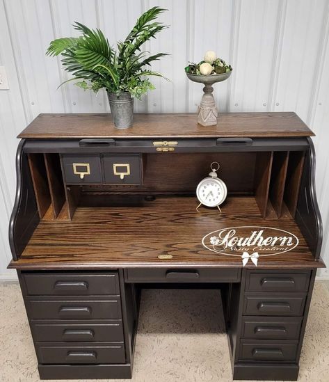 Repurposed Roll Top Desk Ideas, Rolltop Desk Decor, Redo Roll Top Desk, Refinishing Roll Top Desk, Refinished Roll Top Desk, Roll Top Desk Makeover Ideas, Rolltop Desk Makeover, How To Refinish A Roll Top Desk, Upcycled Roll Top Desk