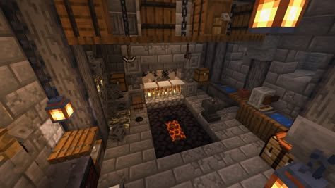 Mincraft Idea Blacksmith, Blacksmith Area Minecraft, Minecraft Black Smith Interior, Minecraft Dark Interior Design, Blast Furnace Minecraft Design, Minecraft Workshop Ideas Interior, Minecraft Evil Lair Interior, Minecraft Anvil Room, Blacksmith Shop Minecraft