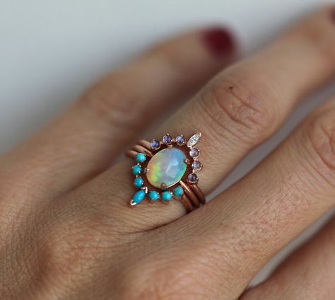 Ocean Engagement Ring Set Solitaire Fire Opal with Moonstone | Etsy Ocean Ring, Tiffany Jewelry, Engagement Ring Set, Diy Schmuck, Ring Vintage, Engagement Ring Settings, Bridal Sets, Slovenia, Accessories Jewelry