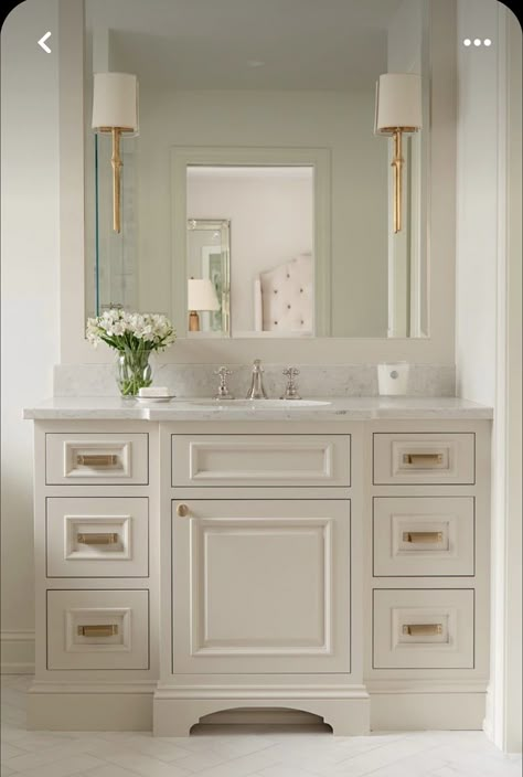 Bathroom Mirror With Sconces On Mirror, Traditional White Bathroom Vanity, Sconces On Bathroom Mirror, Master Make Up Vanity, Creamy White Bathroom Vanity, Sconces In Mirror Bathroom, Powder Room Bathroom Vanity, Silver And Gold Hardware Bathroom, Traditional Vanity Bathroom