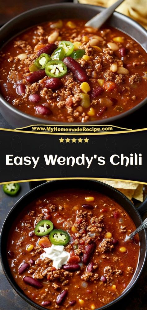 This Easy Wendy's Chili is a copycat of the classic fast-food favorite, made with ground beef, beans, and a perfectly spiced tomato base. Ingredients: 1 lb ground beef 1 cup kidney beans, drained 1 cup diced tomatoes 1 packet chili seasoning A hearty, flavorful chili you can enjoy anytime Chili Tomato Juice, Simple Homemade Chili, Chili Recipe With Chili Packet, Taste Of Home Wendy’s Chili, Chili Beans Recipe Homemade, Recipes With Chilli, Chili With Fresh Tomatoes, Chili Beans Recipe Easy, Instant Pot Chili Ground Beef