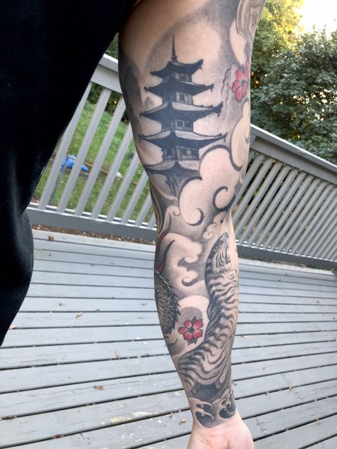 Japanese Pagoda Tattoo, Pagoda Tattoo Design, Pagoda Tattoo, Half Sleeve Tattoo Upper Arm, Tattoo Black Women, Tattoo Upper Arm, Japanese Leg Tattoo, Temple Tattoo, Wrist Tattoo Ideas