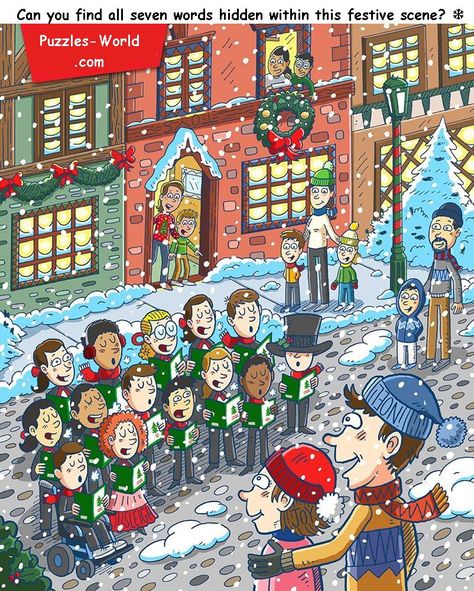 Can you find all seven words hidden in the festive scene  https://www.puzzles-world.com/2016/12/can-you-find-all-seven-words-hidden.html Hidden Words In Pictures, Hidden Picture Games, Ladies Kitty Party Games, Find The Hidden Objects, Hidden Picture Puzzles, Quiz Games, Hidden Words, Cartoon People, Hidden Pictures