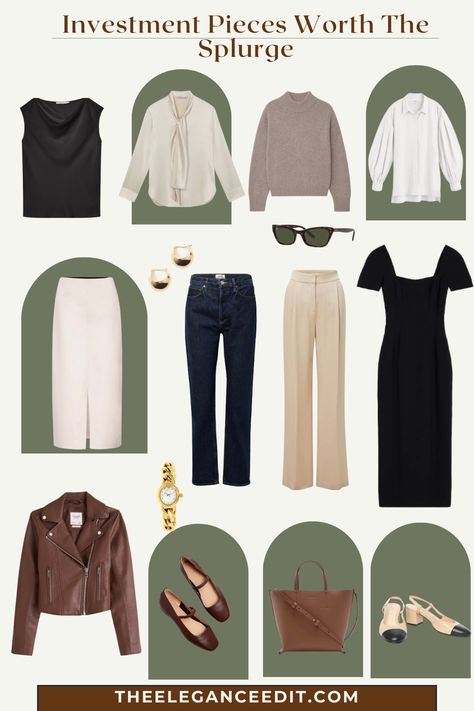 graphic of tops, bottoms, and dresses that are investment pieces worth splurging on. Investment Pieces Wardrobe, I Fall To Pieces, Style Staples, Minimalist Capsule Wardrobe, Autumn 2024, Casual Work Outfits, Casual Work, Work Outfits, Elegant Outfit