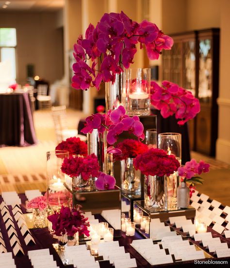 Follow us @SIGNATUREBRIDE on Twitter and on FACEBOOK @ SIGNATURE BRIDE MAGAZINE Orchid Centerpiece, Fuschia Wedding, Decoration Buffet, Flowers And Candles, Orchid Centerpieces, Hot Pink Weddings, Table Place Cards, Floral Event Design, Wedding Places