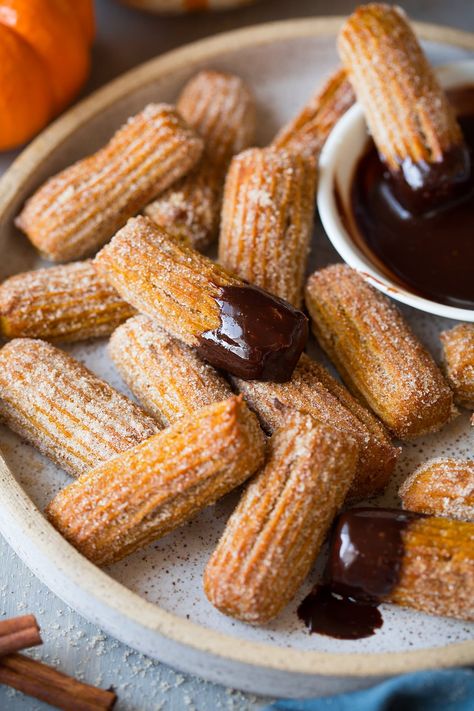 Baked Pumpkin Churros Pumpkin Churros, Amazing Thanksgiving Desserts, Baked Stuffed Apples, Easy Thanksgiving Dessert Recipes, Churro Bites, Salty Caramel, Churros Recipe, Thanksgiving Desserts Easy, Toffee Sauce