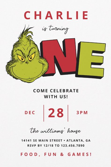 Dr. Seuss | The Grinch 1st Birthday
Invite all your family and friends to your child's Grinch themed 1st Birthday with these cute Dr. Seuss invites. Personalize by adding all your party details. One Year Old Grinch Birthday, You’re A Mean One Mr Grinch First Birthday, Grinch One Year Old Party, Grinch Themed First Birthday Party, First Birthday Grinch Theme, Grinch First Birthday Party Boy, Grinch Birthday Party Invitations, You’re A Mean One Mr Grinch Birthday, Mean One Grinch First Birthday