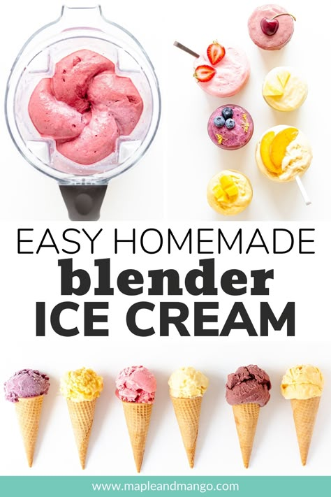 Learn how easy it is to make blender ice cream! With three simple ingredients and a high-speed blender like a Vitamix, you can whip up some delicious homemade ice cream in under a minute! No ice cream maker needed and made from all natural ingredients. Includes a simple base recipe and 6 amazing flavors to try! | www.mapleandmango.com Vitamix Ice Cream Recipes, Vitamix Healthy Recipes, Vitamix Ice Cream, Blender Ice Cream, Vitamix Blender, Ice Cream Tubs, Making Homemade Ice Cream, Vitamix Recipes, Diy Ice Cream