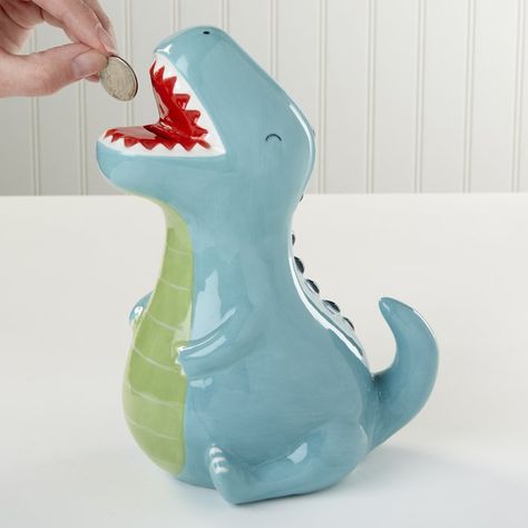 Dino Baby Ceramic T-Rex Piggy Bank Arcilla Ideas, Unicorn Piggy Bank, Dinosaur Stuff, Clay Pipes, Baby Boy Nursery Decor, Dinosaur Nursery, Ceramic Ideas, Design Toscano, Mascot Design