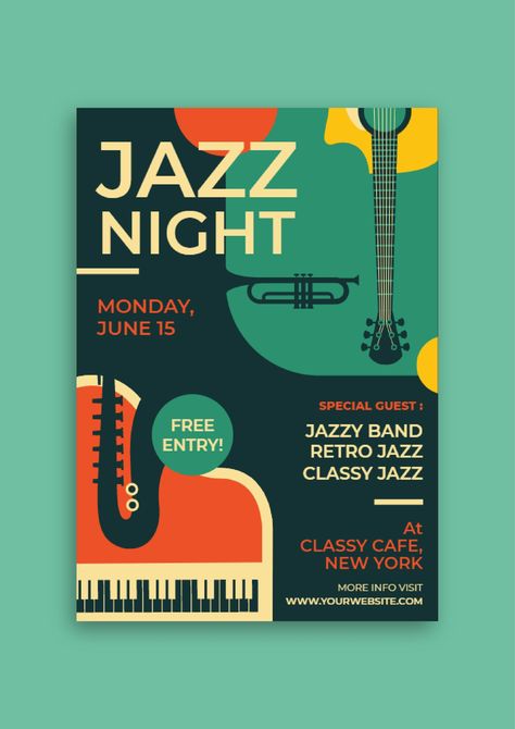 Doodle Retro Jazz Night Concert Flyer Vintage Flyer Design, Music Concert Flyer Design, Jazz Night Poster, Concert Advertisement, Concert Flyer Design, Concert Branding, Danse Jazz, Music Concert Poster, Program Brochure