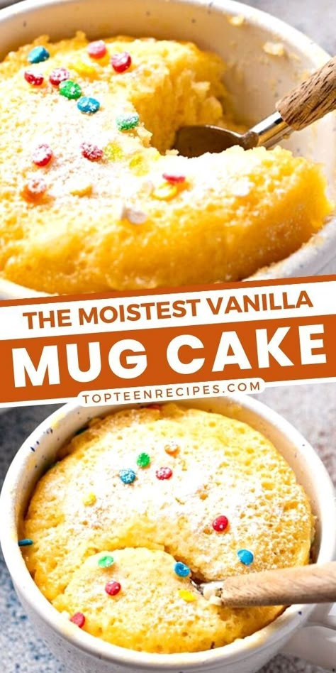 This is a super easy and incredibly soft and moist mug cake recipe that can be ready in less than 5 minutes. Just add all of the ingredients to a mug, mix them together, and microwave! Moist Mug Cake, Vanilla Mug Cake Recipe, Single Serve Dessert Recipes, Mug Dessert Recipes, Vanilla Mug Cake, Microwave Mug Recipes, Microwave Dessert, Easy Mug Cake, Vanilla Mug Cakes