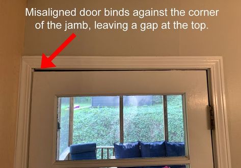 Do you have a door that binds against the top corner of the jamb? Or maybe a large gap at the top of the door makes it difficult to seal when closed? This is a common problem because the weight of a door is supported by the top hinge. Over time, the door can sag away from the top hinge and bind at the opposite corner. Here's a simple DIY trick to correct this problem. #doorhack #doors #homeimprovement Sagging Door, Door Jamb, Shed Doors, Diy Tops, Door Seals, Home Doors, Hacks Diy, Simple Diy, Door Hinges