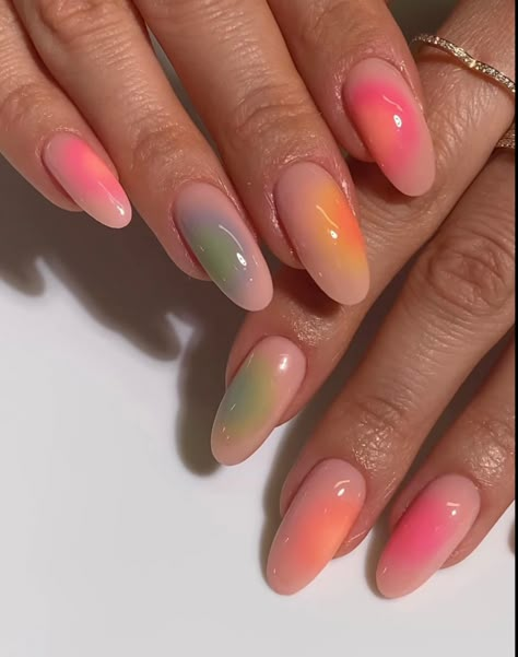 Middle Ombre Nails, Aura Nails Multicolor, Multicolor Aura Nails, Rainbow Aura Nails, Subtle Pride Nails, Light Blue Chrome Nails, Light Blue Chrome, Blue Chrome Nails, Aura Nails