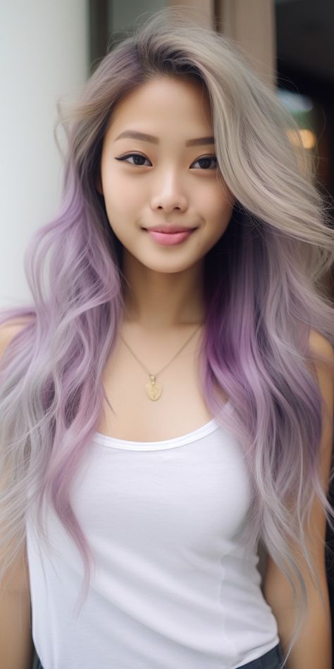 Image of a young Asian girl with long hair in a trendy mix of lavender and blonde colors, a fusion of Eastern style and Western color trend, promoting eco-friendly beauty. Soft Lavender Hair Color, Violet And Blonde Hair, Lavender Money Piece Hair, Lavender Blonde Hair, Blonde And Purple Hair, Lavender And Blonde Hair, Lavender Grey Hair, Purple Blonde Hair, Gemini Hair