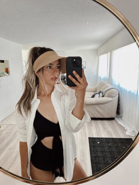 Visor + one piece swimsuit + linen top Visor Beach Outfit, Straw Visor Outfit, Visor Outfit, Straw Visor, Outfits For Mexico, Summer Inspo, Beach Essentials, Linen Top, Summer Hats