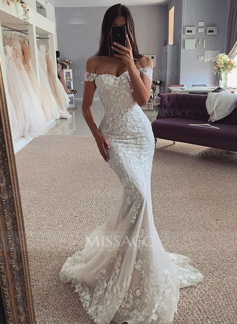 Trumpet/Mermaid Off-The-Shoulder Sleeveless Lace Wedding Dresses Lace Fitted Off The Shoulder Wedding Dress, Off The Shoulder Sheath Wedding Dress, Hourglass Wedding Dress, Lace Trumpet Wedding Dress, Lacy Wedding Dresses, Dress Tight, Trumpet Dress, Trumpet Wedding Dress, Back Wedding Dress