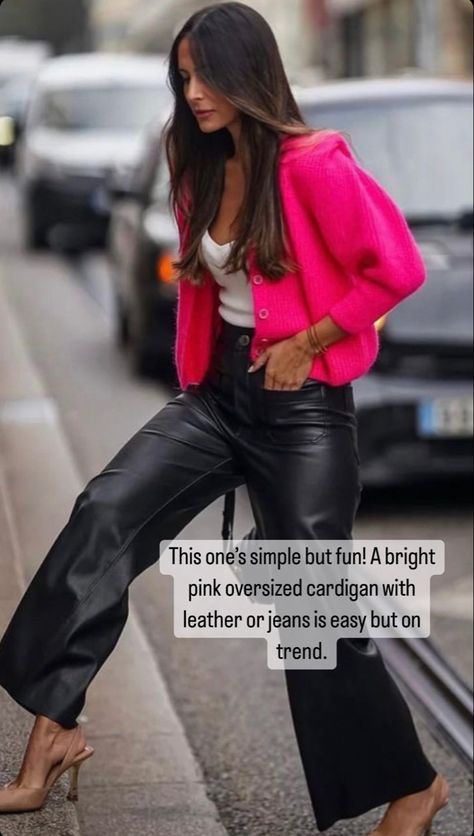 Fushia Jacket Outfit, Fushia Cardigan Outfit, Fuschia Jacket Outfit, Fucsia Outfit Combination, Fushia Blazer Outfit, Fuschia Blazer Outfit, Pink Sweater Outfit Fall, Pink Leather Jacket Outfit, Hot Pink Blazer Outfit