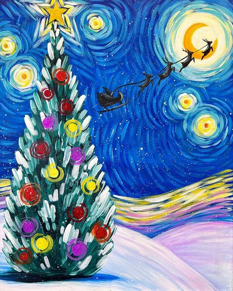 Winter Starry Night, Van Gogh Christmas Art, Famous Christmas Paintings, Intermediate Christmas Art, Stary Night Christmas, Starry Winter Night, Starry Night Christmas Tree, Van Gogh Kids Art Projects, Acrylic Christmas Paintings