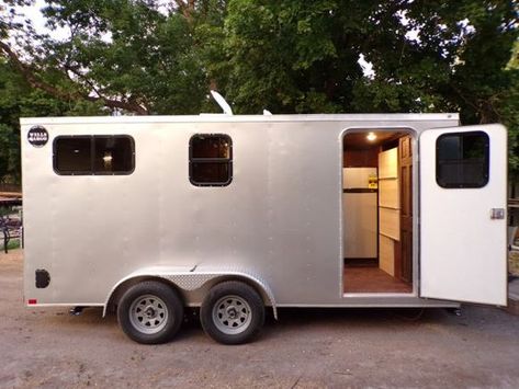 Cargo Trailer Toy Hauler Tiny House For Sale 001 Cargo Trailer Tiny House, Trailer Conversion Ideas, Trailer Tiny House, Converted Cargo Trailer, Utility Trailer Camper, Hunting Trailer, Enclosed Trailer Camper, Cargo Trailer Camper Conversion, Toy Hauler Camper