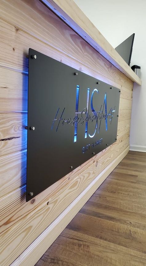 LED LOGO SIGN WITH FILE CONVERSION - HouseSensationsArt Indoor Logo Signage, Office Signage Design Exterior, Exterior Logo Design, Unique Business Signs, Business Sign Indoor, Lighted Business Signs Outdoor, Outside Business Signs, Business Logo Sign Ideas, Beauty Salon Signage Outdoor