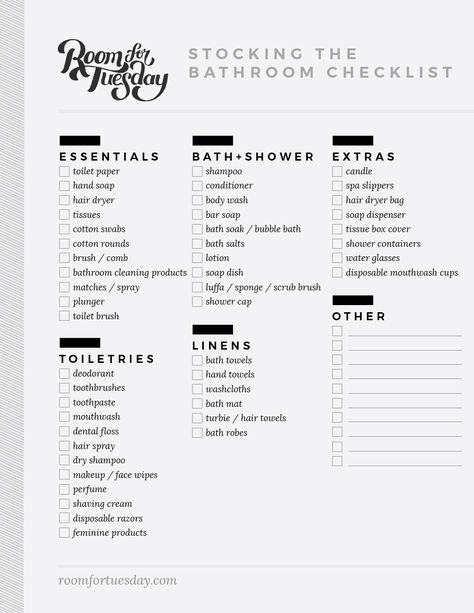 Stocking a Guest Bathroom for Visitors - Room for Tuesday Toilet Essentials List, List Of Bathroom Essentials, Bathroom Supply List, Bathroom Checklist For New Home, Bathroom List Products, Bathroom Decor Tips, Bathroom Needs List Products, Essential Bathroom Items, Bathroom List Apartment