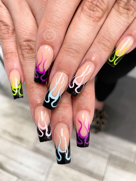 Flame French Tip Nails, Flame French Tip, Tip Nails, French Tip Nails, Nail Tips, Manicure, Neon, Nails, Beauty