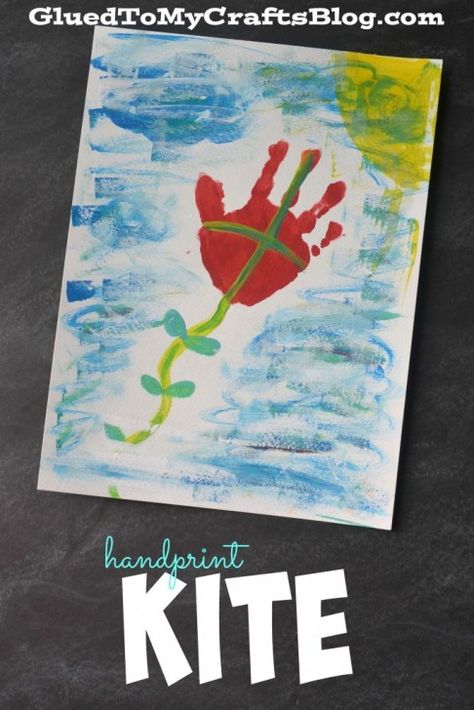 Handprint Kite Weather Arts And Crafts, March Preschool Crafts, Crafts For One Year Olds, Clouds Lesson Plan, Handprint Gift Ideas, Kite Activities, Preschool Farm Crafts, Clouds Lesson, Hands Across America