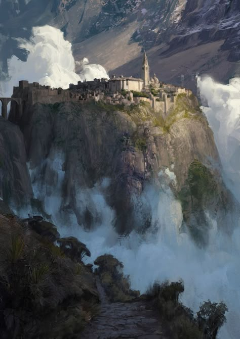 Cloudy Mountains, City In The Sky, Castle Island, Fantasy Town, Mountain City, City Sky, Location Inspiration, Mountains Landscape, Fantasy City