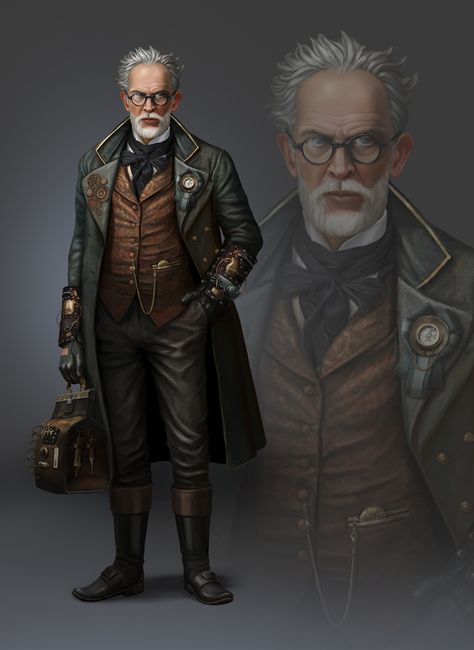 Steampunk Doctor Art, Steampunk People Art, Steam Punk Doctor, Fantasy Surgeon, Doctor Character Art, Dnd Doctor, Victorian Inventor, Steampunk Professor, Dieselpunk Character Art