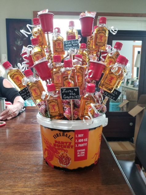 Fireball Gift Basket, Gift Basket Homemade, 21st Birthday Bouquet, Alcohol Basket, Alcohol Bouquet, Beer Bouquet, Alcohol Gift Baskets, Liquor Gift Baskets, Auction Gift Basket Ideas