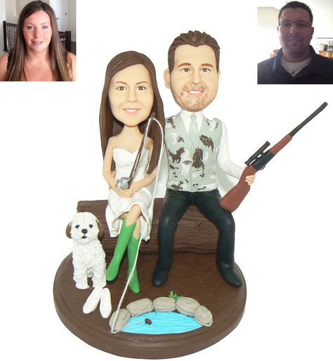 Hunting Cake Toppers with a bride Fishing. Camo Wedding Cake, Hunting Cake Topper, Skin Tone Chart, Country Wedding Cake, Country Wedding Cake Toppers, Hunting Cake, Country Wedding Cakes, Custom Figurines, Country Theme Wedding