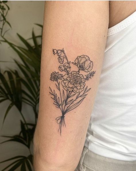 Bouquet Of Marigolds Tattoo, Carnation And Hawthorn Tattoo, Carnations Bouquet Tattoo, Carnation Flower Bouquet Tattoo, Back Bouquet Tattoo, Flower Tattoo On Back Of Arm, Illustrative Flower Tattoo, Back Arm Flower Tattoo, Bouquets Of Flowers Tattoo