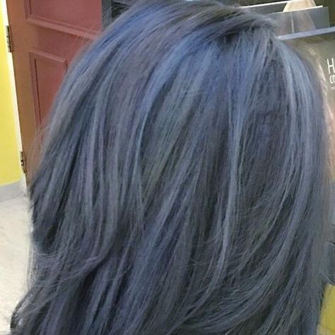 Carrie on Instagram: "#hairfleek #hairhighlight #ashgreyblue #greyishblue #ashcolor #streaks #hairstreaks #hairservices #haircolor #hairofig #hairoftheday #hairgoals #share #like #follow #instahair #sghair #sgladies #shoutout #eastsiders Ps: blue to will fade to ashgreen" Hazy Blue Hair, Dark Gray Blue Hair, Greyish Blue Hair, Smokey Blue Hair, Faded Blue Hair, Ash Blue Hair, Blue Grey Hair, Gray Streaks, Grey Hair Dye