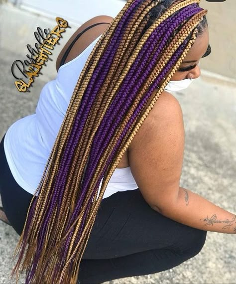 Large Color Knotless Braids, Two Colored Box Braids, Purple Braid Hairstyles, Medium Box Braids With Color, Elle Hairstyles, Large Knotless Box Braids, Box Braids With Color, Color Box Braids, Melanin Hairstyles