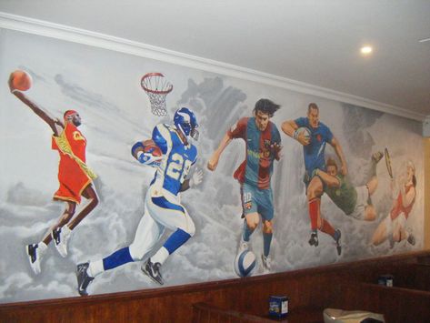 Soccer Themed Bedroom, Sport Bar Design, Graffiti Bedroom, Boys Room Mural, Horror Wallpaper, Mural Cafe, Kids Sports Room, Doodle Wall, Gym Wall Decal