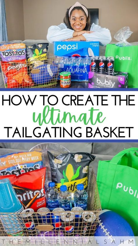 Tailgating Gift Basket Game Day Gift Basket, Tailgating Gift Basket Ideas, Tailgate Basket Ideas, Tailgate Gift Basket, Tailgate Raffle Basket Ideas, Tailgate Basket Raffle, Sports Themed Raffle Baskets, Sports Themed Baskets Silent Auction, Food Gift Basket