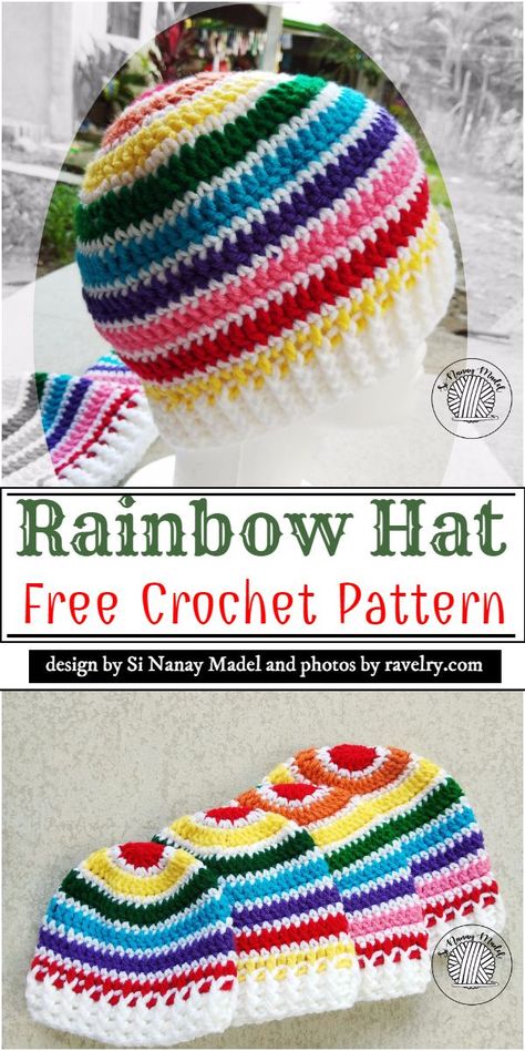 Free Rainbow Hat Crochet Pattern Granny Square Free Pattern, Free Crochet Granny Square, Crochet Unicorn Hat, Rainbow Beanie, Rainbow Stuff, Crochet Wear, Rainbow Hat, Fingerless Gloves Crochet Pattern, Beanie Hat Pattern