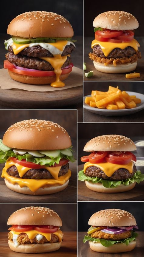 This mouthwatering collage showcases a variety of delicious burgers 🍔, each loaded with fresh ingredients 🥬🍅🧅 and oozing with melted cheese 🧀. From juicy beef patties 🥩 stacked with crisp lettuce, tomatoes, and pickles 🥒 to crispy fried chicken burgers 🍗 topped with creamy sauces, every bite is a feast for the senses 🤤. The golden sesame buns 🌾 hold everything together, while a side of crispy fries 🍟 adds the perfect finishing touch. Whether you're craving a classic cheeseburger or a gourmet creation, this spread is sure to make your taste buds tingle! 😍🔥


.
.#wall #wallpaperforyourphone #wallpapergoals #aesthetic #burger Aesthetic Burger, Sesame Buns, Classic Cheeseburger, Fried Chicken Burger, Creamy Sauces, Ultimate Burger, Crispy Fries, Beef Patties, Crispy Fried Chicken