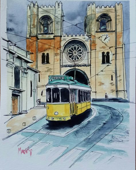 Lisboa Painting, Portugal Watercolor, Sunrise Art Painting, Portugal Painting, Old Train Station, Building Sketch, Sunrise Art, Art Beat, Watercolor Architecture