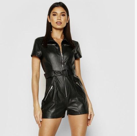 Leather Playsuit, Leather Romper, Bodycon Romper, Rompers Dressy, Pantyhose Fashion, Leather Short, Shiny Clothes, Womens Playsuits, Safari Style