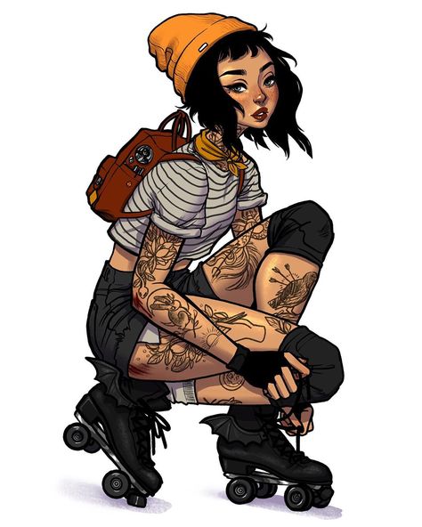 Digital art via @jacquelindeleon on Instagram Jacquelin Deleon, Skater Art, Witch Painting, Black Cat Sticker, Character Design Challenge, Skate Girl, Roller Skaters, Skater Girl, Skater Girls