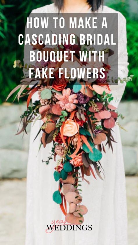 How To Make a Cascading Bridal Bouquet With Fake Flowers Fake Flower Bouquet Wedding, Diy Wedding Bouquet Fake Flowers, Diy Fall Wedding Bouquets, Wedding Bouquet Fake Flowers, Paper Bridal Bouquet, Fake Flowers Diy, Diy Flower Arrangements Wedding, Diy Wedding Flowers Bouquet, Artificial Flower Wedding Bouquets