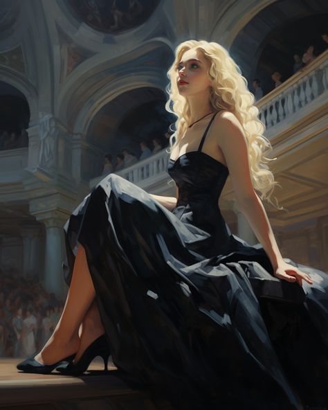 Black Hair Character Art, White Haired Girl Art, White Hair Girl Art, Blonde Girl Art, Black Dress Blonde Hair, Curly Hair Art, White Curly Hair, Blonde Hair Characters, Looking Over Shoulder