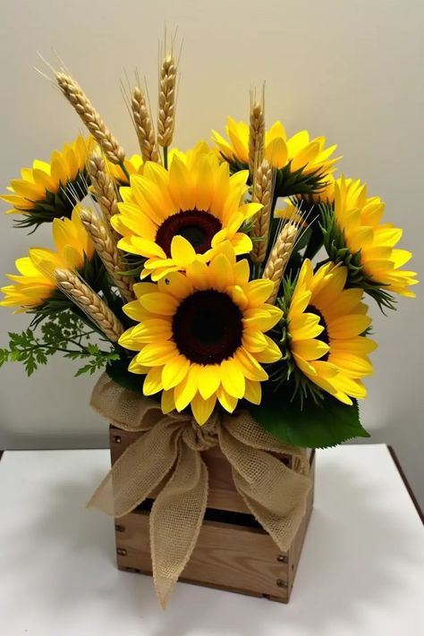 14 Sunflower Wedding Centerpieces Ideas Wooden Slab Centerpiece, Watering Can Centerpieces, Fall Sunflower Weddings, Sunflower Wedding Centerpieces, Wedding Centerpieces Ideas, Sunflower Floral Arrangements, Lemon Centerpieces, Dried Sunflowers, Simple Wedding Bouquets