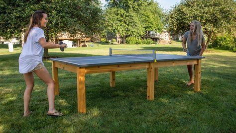 Outdoor Ping-Pong Table - buildsomething.com Diy Ping Pong Table, Folding Ping Pong Table, Porch And Patio Paint, Outdoor Ping Pong, Outdoor Ping Pong Table, Table Woodworking, Painted Patio, Wood Projects That Sell, Table Outdoor