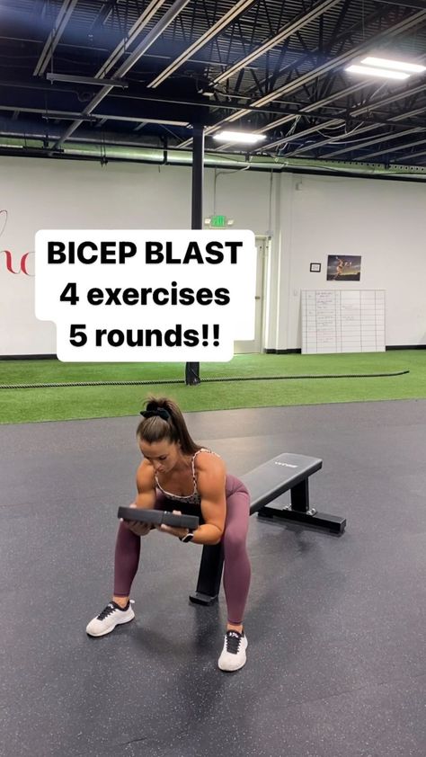 Shayli Campbell | Fitness Trainer & Pre/Post Natal Specialist | BICEP BLAST you in?! SAVE this one for your next ARM DAY!! 🙌🏽🔥🥵 4 moves, 5 rounds!! LET’S GOOO!! . ▪️Plate half way up curls: 10… | Instagram Seated Bicep Workout, Banded Arm Workouts, Body Competition, Bicep Workout Women, Workout 2023, Best Bicep Workout, Upper Body Workout Gym, Arm Workout Gym, Arm Day Workout